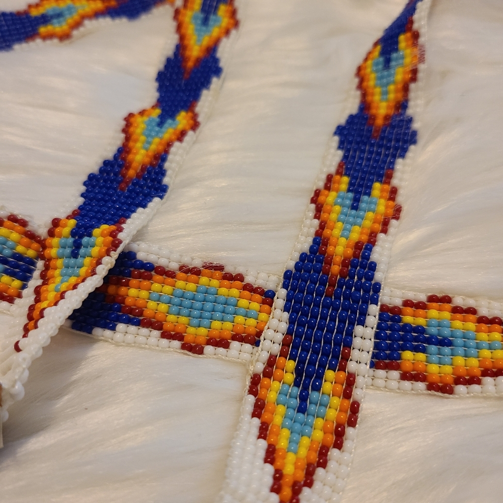 Southwestern Beadwork Aztec Fringe Belt Hat Band Multicolor Handmade Leather - Picture 3 of 3